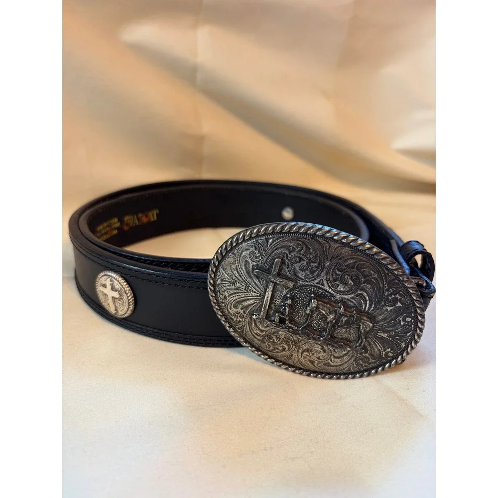 Ariat Belt Mens 40 Western Black Leather Kneeling Cowboy Cross Faith 730602